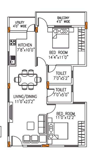Floor plan of 2 BHK Apartment - 1150 sq. ft. in SVC Classic, Bangalore