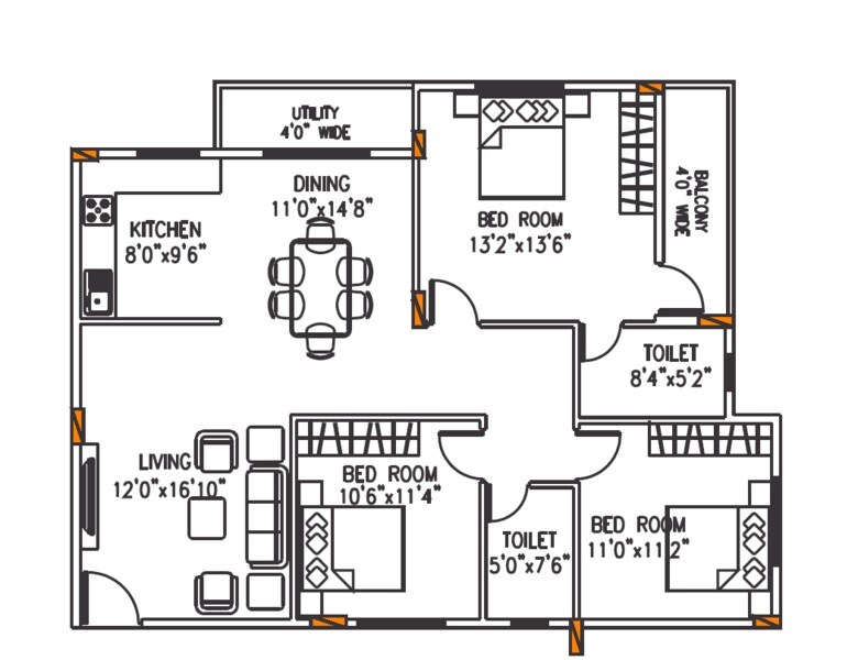 Floor plan of 3 BHK Apartment - 1465 sq. ft. in SVC Classic, Bangalore