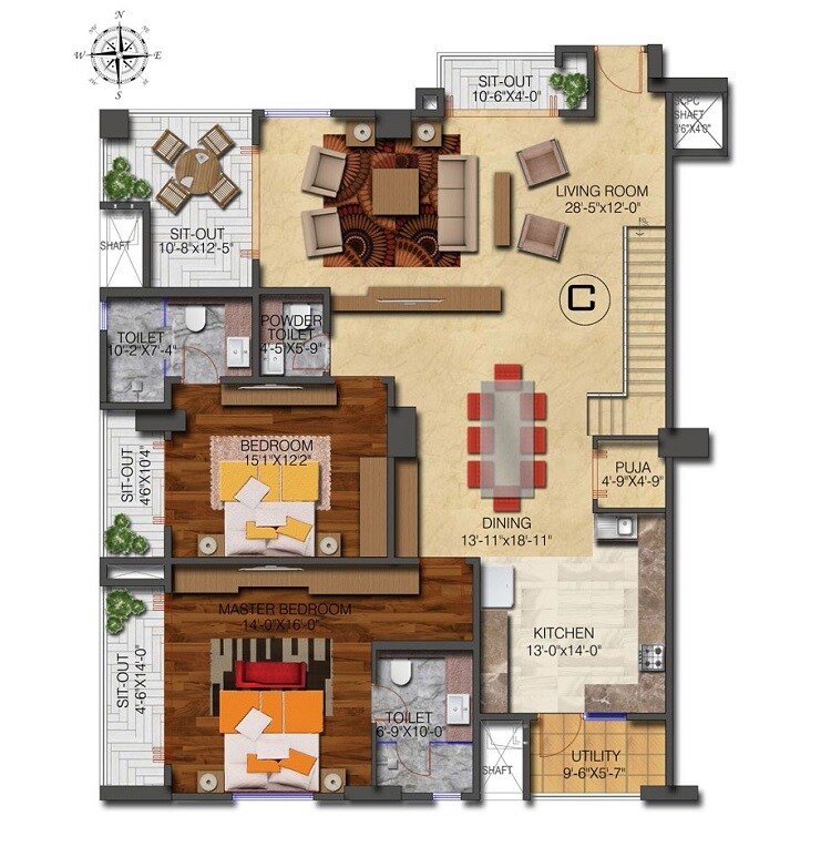 Floor plan of 2 BHK 1500 Sq. Ft. Apartment in SVG Manhattan, Bangalore