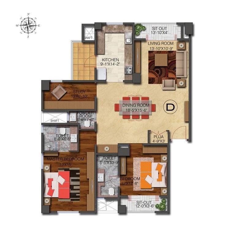 Floor plan of 3 BHK 2050 Sq. Ft. Apartment in SVG Manhattan, Bangalore