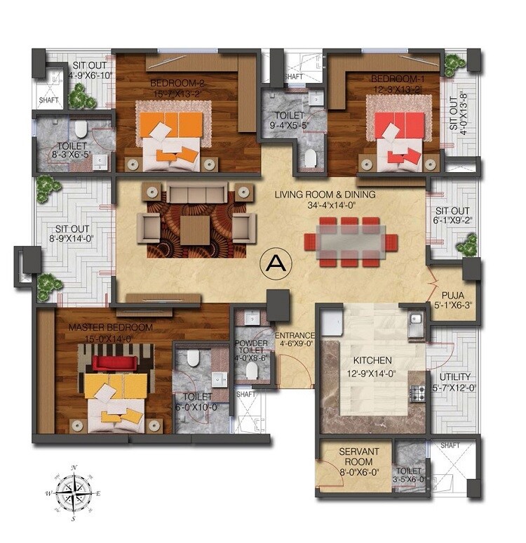 Floor plan of 3 BHK 2200 Sq. Ft. Apartment in SVG Manhattan, Bangalore
