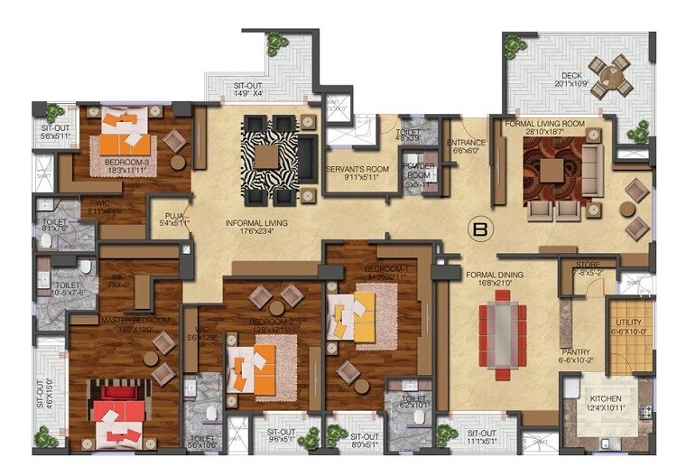 Floor plan of 4 BHK 3183 Sq. Ft. Apartment in SVG Manhattan, Bangalore