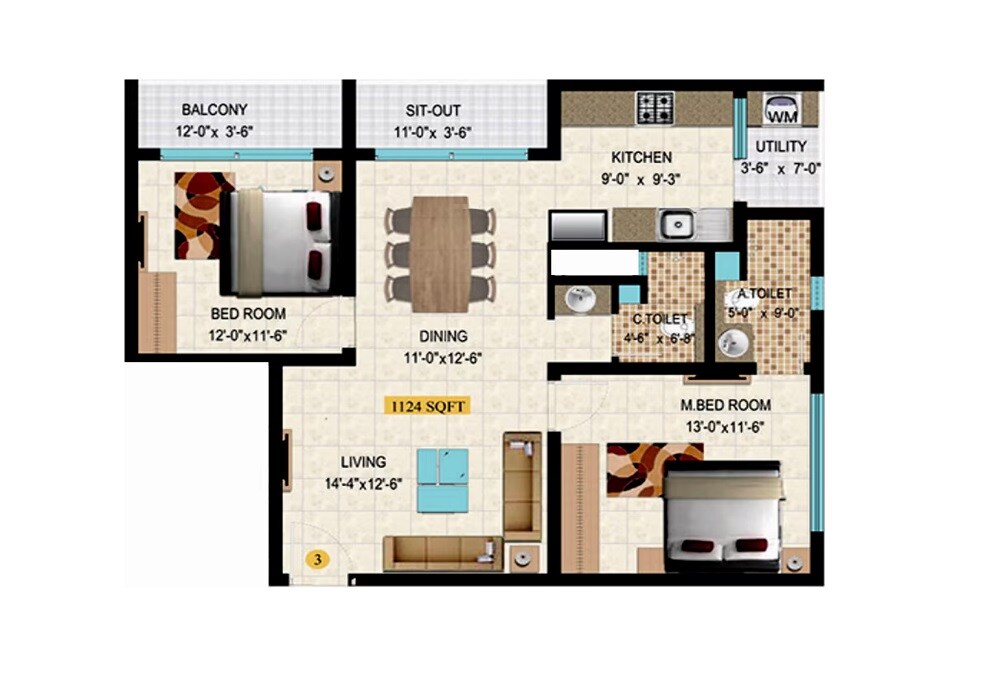 Floor plan of 2 BHK 1124 Sq. Ft. Apartment in SVR Pine Ridge, Bangalore