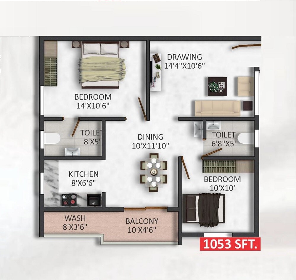 Floor plan of 2 BHK 1053 Sq. Ft. Apartment in SVS Mythri Sunshine, Bangalore