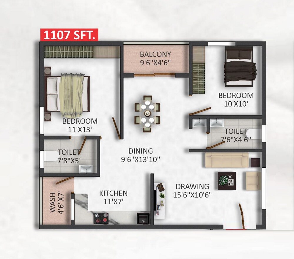 Floor plan of 2 BHK 1107 Sq. Ft. Apartment in SVS Mythri Sunshine, Bangalore