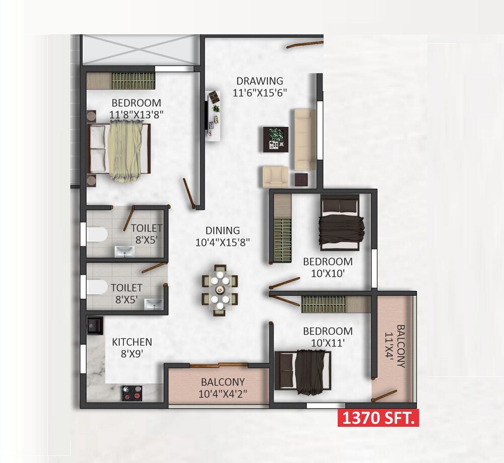 Floor plan of 3 BHK 1370 Sq. Ft. Apartment in SVS Mythri Sunshine, Bangalore