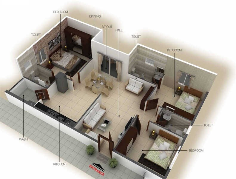Floor plan of 3 BHK 1389 Sq. Ft. Apartment in SVS Signature, Bangalore