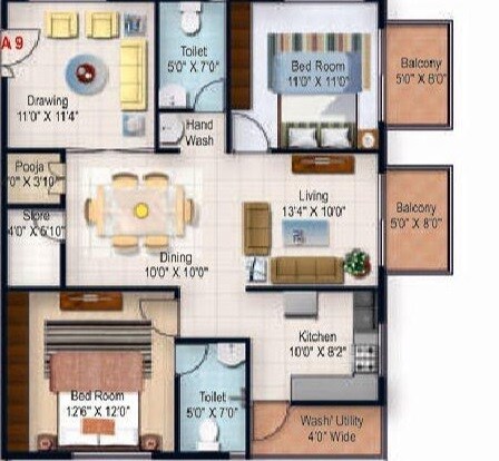 Floor plan of 2 BHK 1295 Sq. Ft. Apartment in SVS Silver Woods, Bangalore