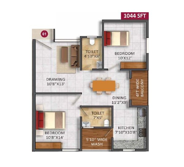 Floor plan of 2 BHK 1044 Sq. Ft. Apartment in SVS Springs, Bangalore
