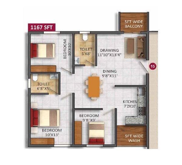 Floor plan of 2 BHK 1167 Sq. Ft. Apartment in SVS Springs, Bangalore