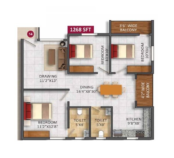 Floor plan of 2 BHK 1268 Sq. Ft. Apartment in SVS Springs, Bangalore