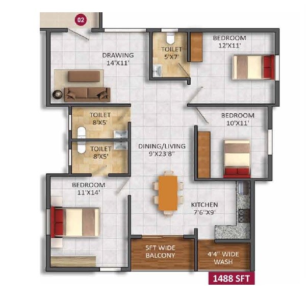 Floor plan of 3 BHK 1488 Sq. Ft. Apartment in SVS Springs, Bangalore
