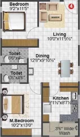 Floor plan of 2 BHK 865 Sq. Ft. Apartment in SVS Tiara, Bangalore