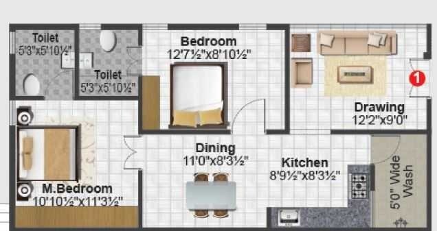 Floor plan of 2 BHK 975 Sq. Ft. Apartment in SVS Tiara, Bangalore