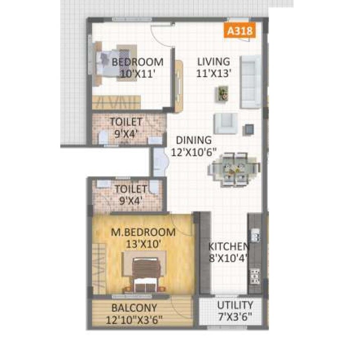Floor plan of 2 BHK 1040 Sq. Ft. Apartment in SVS Trend Square Precioso, Bangalore