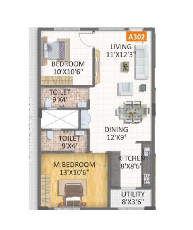 Floor plan of 2 BHK 930 Sq. Ft. Apartment in SVS Trend Square Precioso, Bangalore