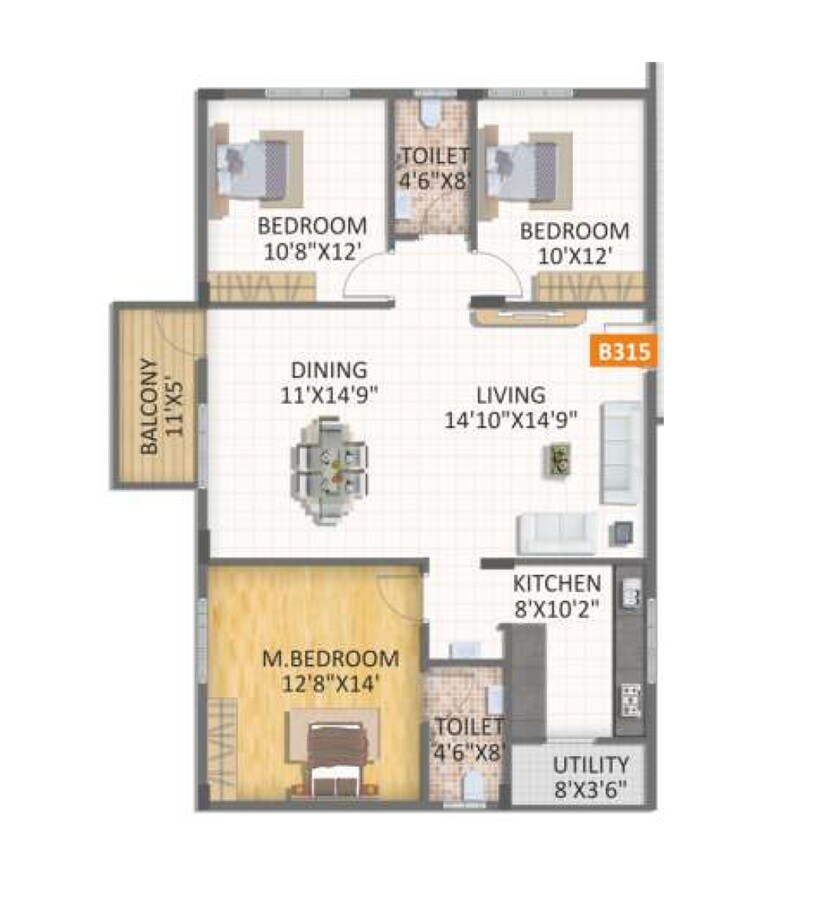 Floor plan of 3 BHK 1487 Sq. Ft. Apartment in SVS Trend Square Precioso, Bangalore