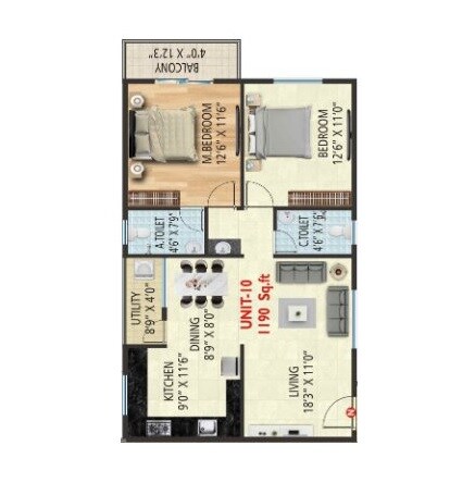 Floor plan of 2 BHK 1190 Sq. Ft. Apartment in Swaayamkrushy SLV Spring Meadows, Bangalore