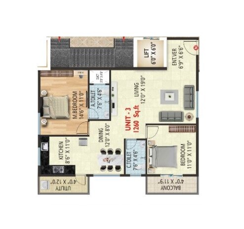 Floor plan of 2 BHK 1260 Sq. Ft. Apartment in Swaayamkrushy SLV Spring Meadows, Bangalore