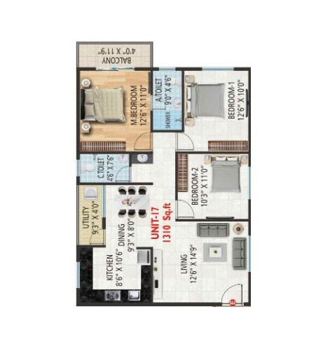 Floor plan of 3 BHK 1310 Sq. Ft. Apartment in Swaayamkrushy SLV Spring Meadows, Bangalore