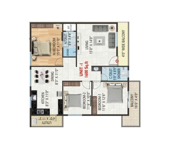 Floor plan of 3 BHK 1600 Sq. Ft. Apartment in Swaayamkrushy SLV Spring Meadows, Bangalore