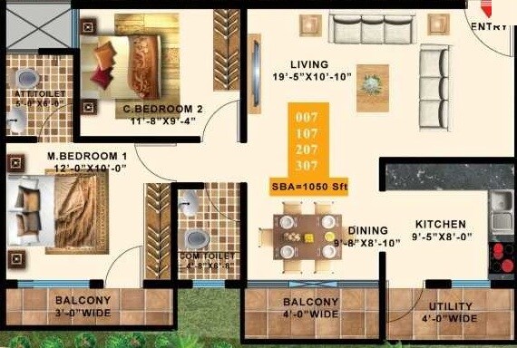 Floor plan of 2 BHK 1050 Sq. Ft. Apartment in Swathi Gardenia, Bangalore