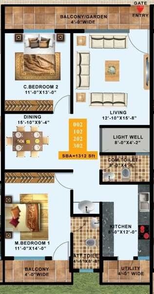 Floor plan of 2 BHK 1312 Sq. Ft. Apartment in Swathi Gardenia, Bangalore