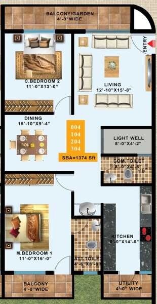 Floor plan of 3 BHK 1374 Sq. Ft. Apartment in Swathi Gardenia, Bangalore