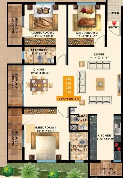 Floor plan of 3 BHK 1600 Sq. Ft. Apartment in Swathi Gardenia, Bangalore