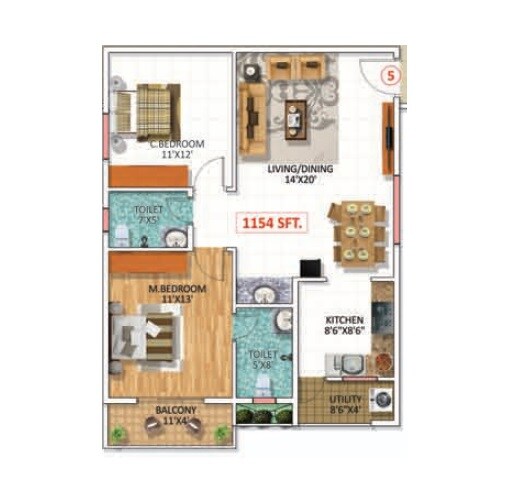 Floor plan of 2 BHK 1154 Sq. Ft. Apartment in Swathi Magnolia, Bangalore