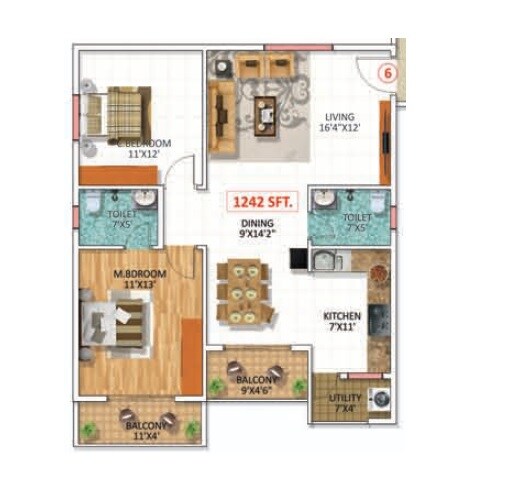 Floor plan of 2 BHK 1242 Sq. Ft. Apartment in Swathi Magnolia, Bangalore
