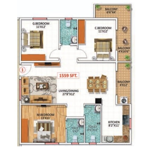 Floor plan of 3 BHK 1559 Sq. Ft. Apartment in Swathi Magnolia, Bangalore