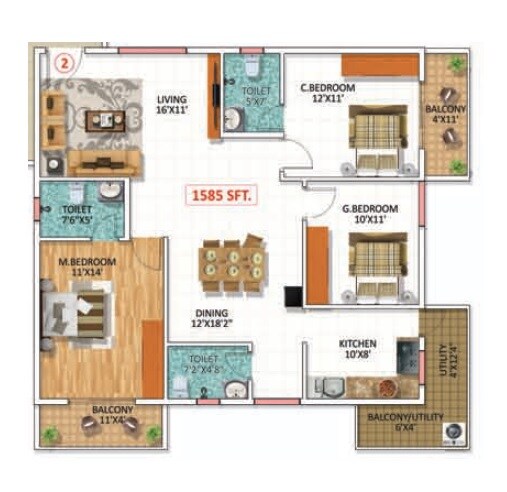 Floor plan of 3 BHK 1585 Sq. Ft. Apartment in Swathi Magnolia, Bangalore