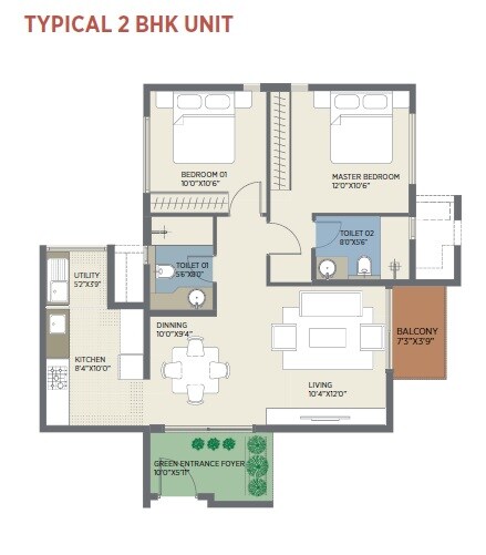 Floor plan of 2 BHK 1090 Sq. Ft. Apartment in Sycon Troica, Bangalore