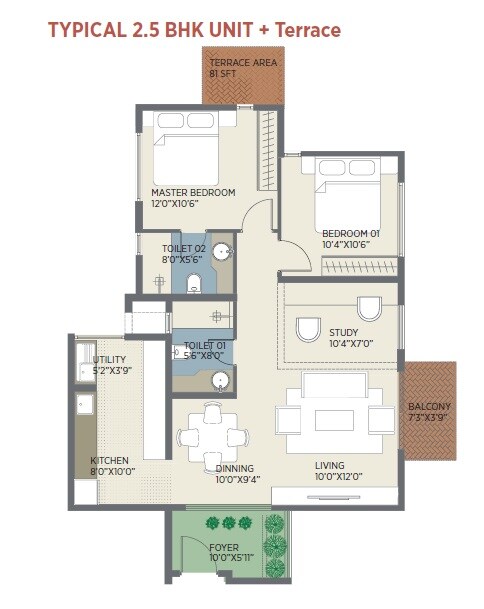 Floor plan of 2 BHK 1210 Sq. Ft. Apartment in Sycon Troica, Bangalore