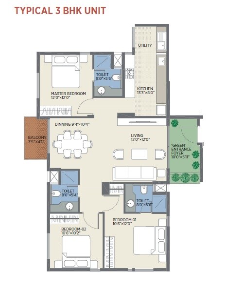 Floor plan of 3 BHK 1440 Sq. Ft. Apartment in Sycon Troica, Bangalore