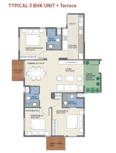 Floor plan of 3 BHK 1481 Sq. Ft. Apartment in Sycon Troica, Bangalore