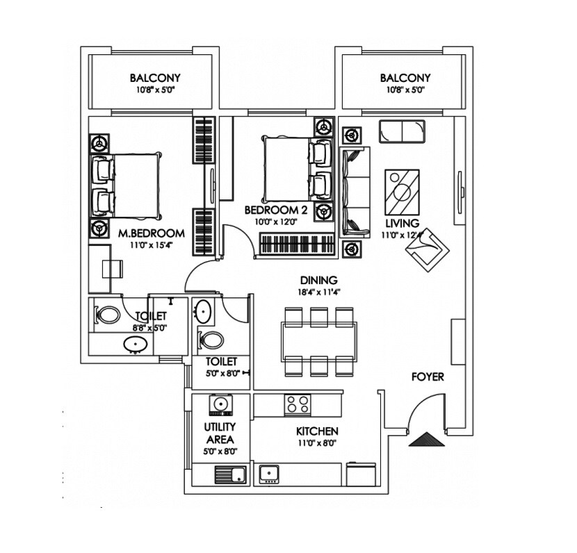 Floor plan of 2 BHK 1298 Sq. Ft. Apartment in Taran Enclave, Bangalore
