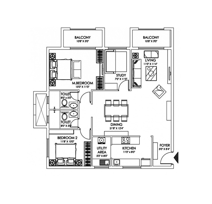 Floor plan of 2 BHK 1554 Sq. Ft. Apartment in Taran Enclave, Bangalore