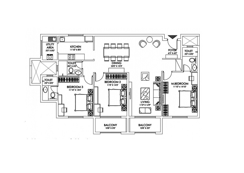 Floor plan of 3 BHK 1684 Sq. Ft. Apartment in Taran Enclave, Bangalore