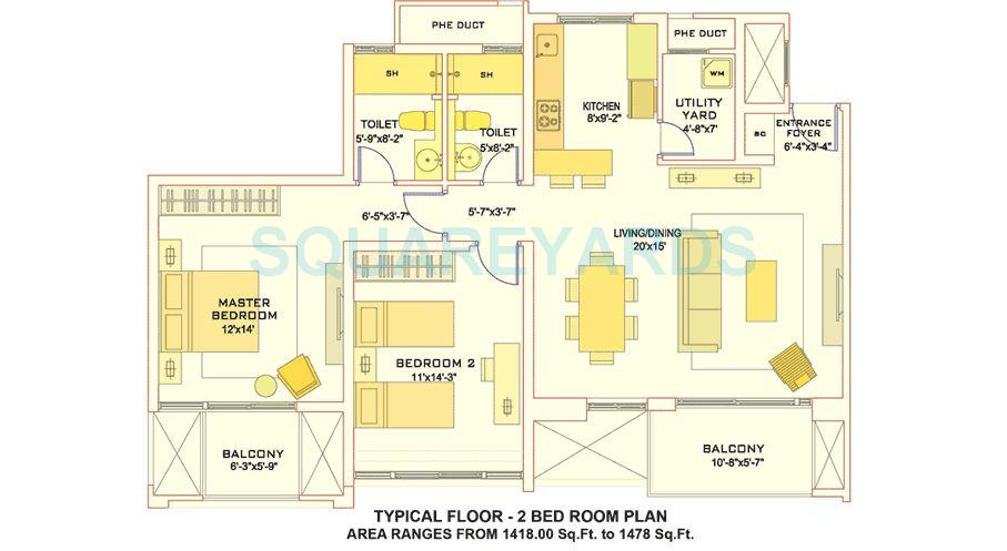 Floor plan of 2 BHK 1418 Sq. Ft. Apartment in Tata Aquila Heights, Bangalore