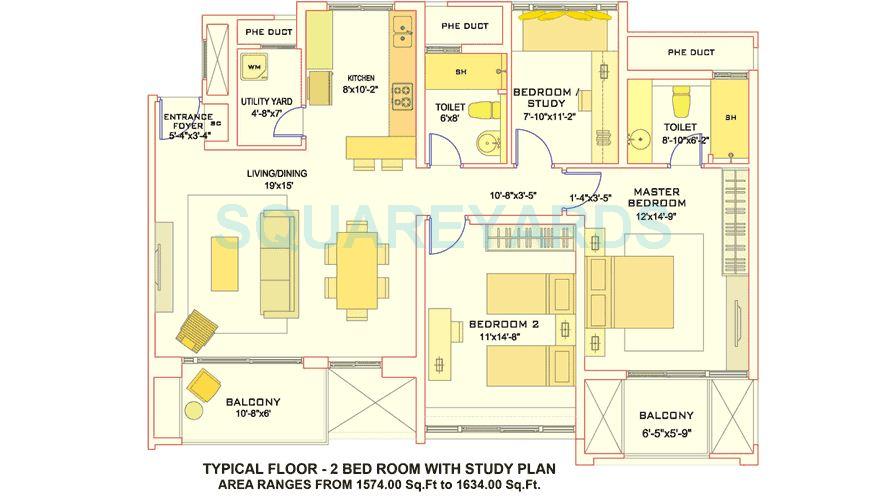 Floor plan of 2 BHK 1574 Sq. Ft. Apartment in Tata Aquila Heights, Bangalore