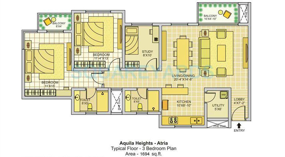 Floor plan of 2 BHK 1694 Sq. Ft. Apartment in Tata Aquila Heights, Bangalore