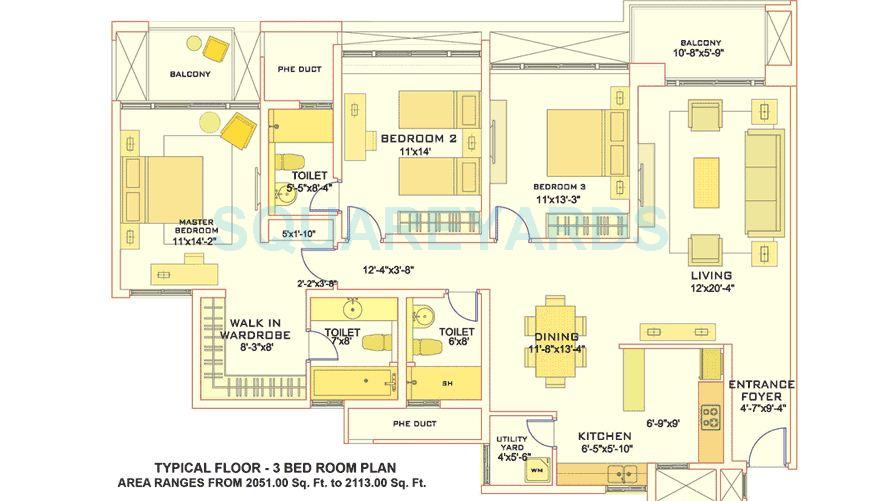 Floor plan of 3 BHK 2051 Sq. Ft. Apartment in Tata Aquila Heights, Bangalore