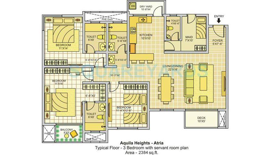 Floor plan of 3 BHK 2384 Sq. Ft. Apartment in Tata Aquila Heights, Bangalore