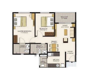 Floor plan of 2 BHK 708 Sq. Ft. Apartment in Tata New Haven Bangalore, Bangalore