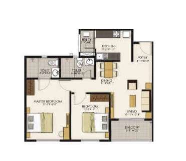 966 sq ft 2 BHK Floor Plan Image - Perfect Builders Pristine