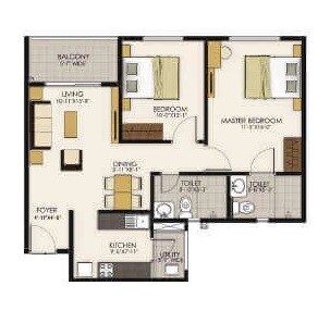 Floor plan of 2 BHK 966 Sq. Ft. Apartment in Tata New Haven Bangalore, Bangalore