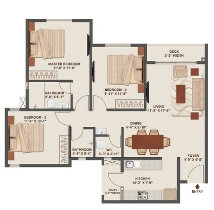 Floor plan of 3 BHK 1286 Sq. Ft. Apartment in Tata New Haven Bangalore, Bangalore