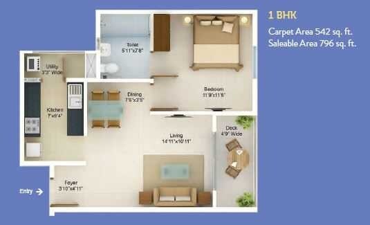 Floor plan of 1 BHK 796 Sq. Ft. Apartment in Tata Riva, Bangalore